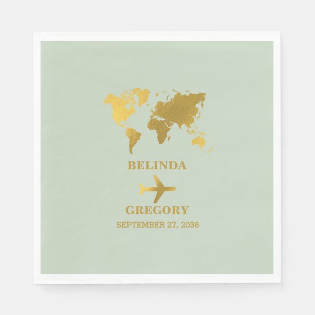 Destination Wedding World Passport Sage Green Gold Napkins (Front)