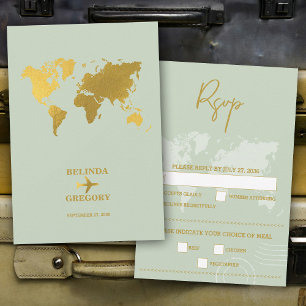 Destination Wedding World Passport Sage Green Gold RSVP Card