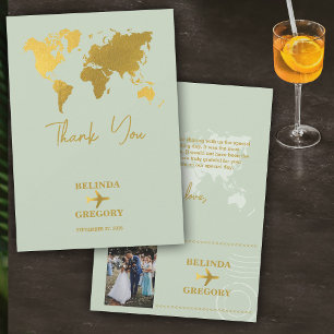 Destination Wedding World Passport Sage Green Gold Thank You Card