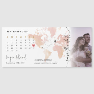 Destination World Map Calendar Heart Photo Wedding Magnetic Invitation