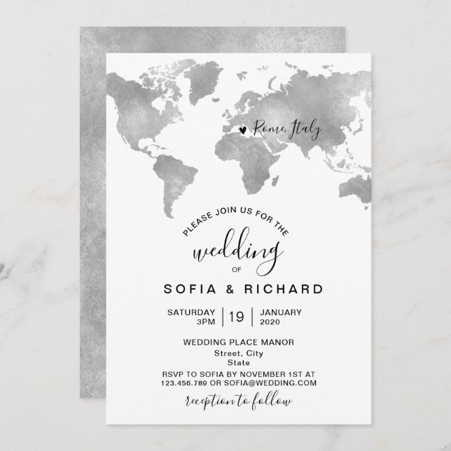 Destination World MAP SILVER Removable Heart Invitation (Front/Back)