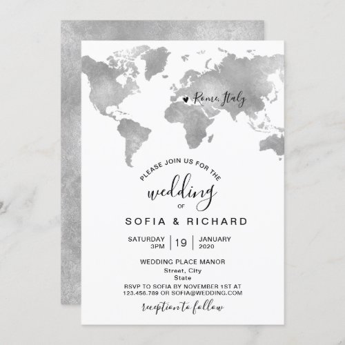 Destination World MAP SILVER Removable Heart Invitation