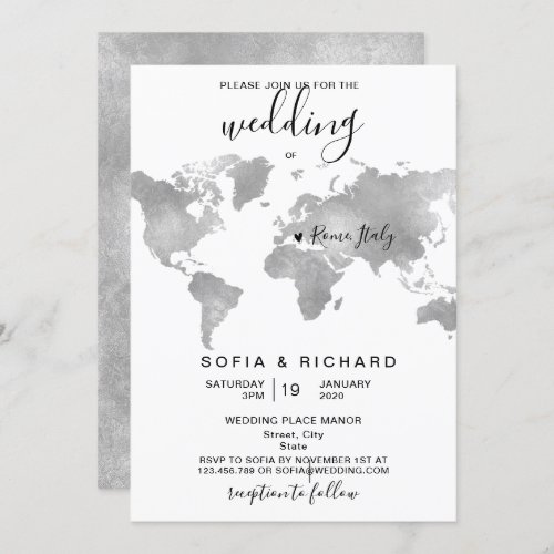 Destination World Map Silver Removable Heart Invitation