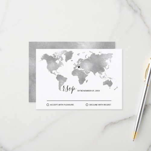 Destination World Map Silver Removable Heart RSVP Card