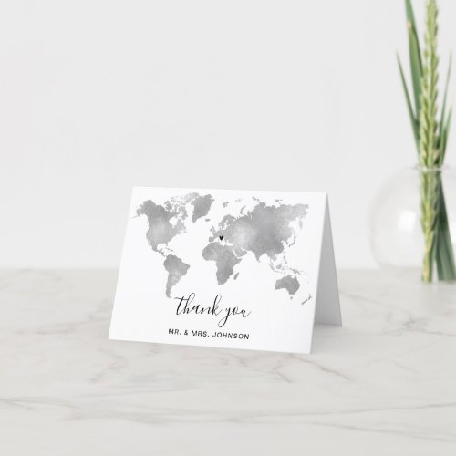 Destination World Map silver Removable Heart Thank You Card