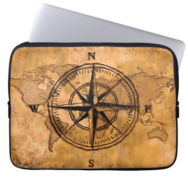 Destinations - Compass Rose and World Laptop Sleeve (Front)