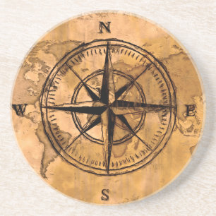 Destinations - Compass Rose and World Map Coaster
