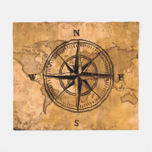 Destinations - Compass Rose and World Map Fleece Blanket