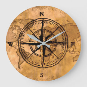 Destinations - Compass Rose and World Map Large Clock