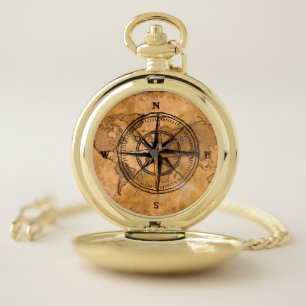 Destinations - Compass Rose and World Map Pocket Watch