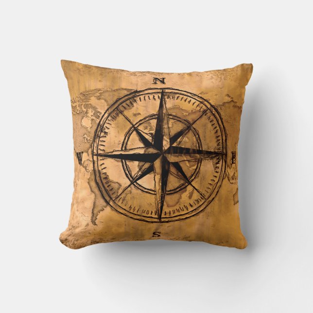 Destinations - Compass Rose and World Map Throw Pillow (Front)