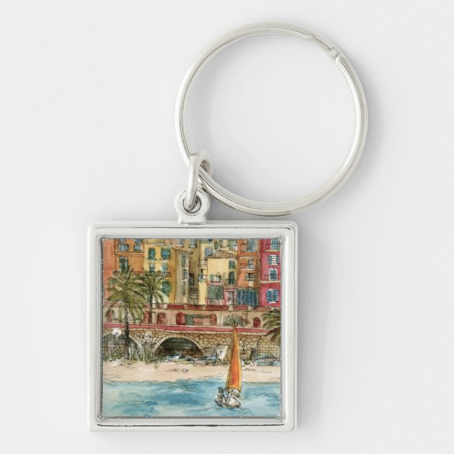 Destinations | Watercolor Beach & Buildings Keychain (Front)