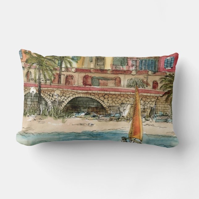 Destinations | Watercolor Beach & Buildings Lumbar Pillow (Front)