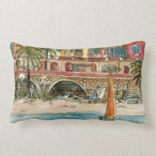 Destinations Watercolor Beach & Buildings Lumbar Pillow