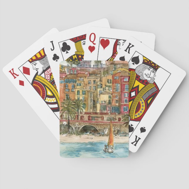 Destinations | Watercolor Beach & Buildings Poker Cards (Back)