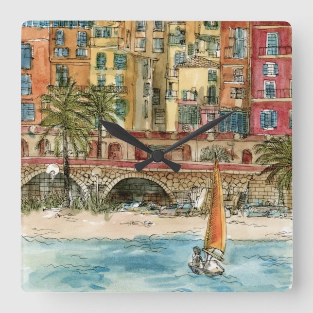 Destinations | Watercolor Beach & Buildings Square Wall Clock (Front)