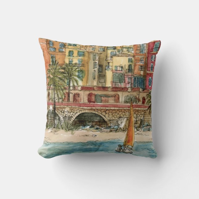 Destinations | Watercolor Beach & Buildings Throw Pillow (Front)