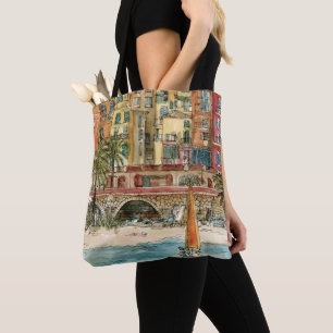 Destinations Watercolor Beach & Buildings Tote Bag