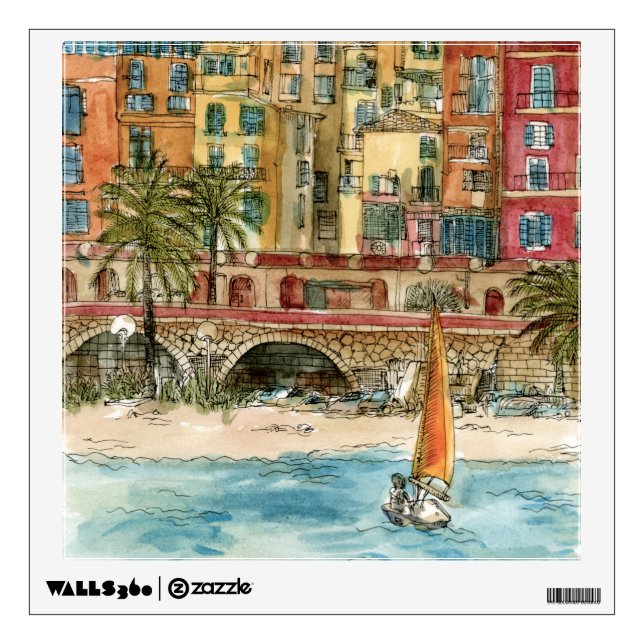 Destinations | Watercolor Beach & Buildings Wall Sticker (Front)