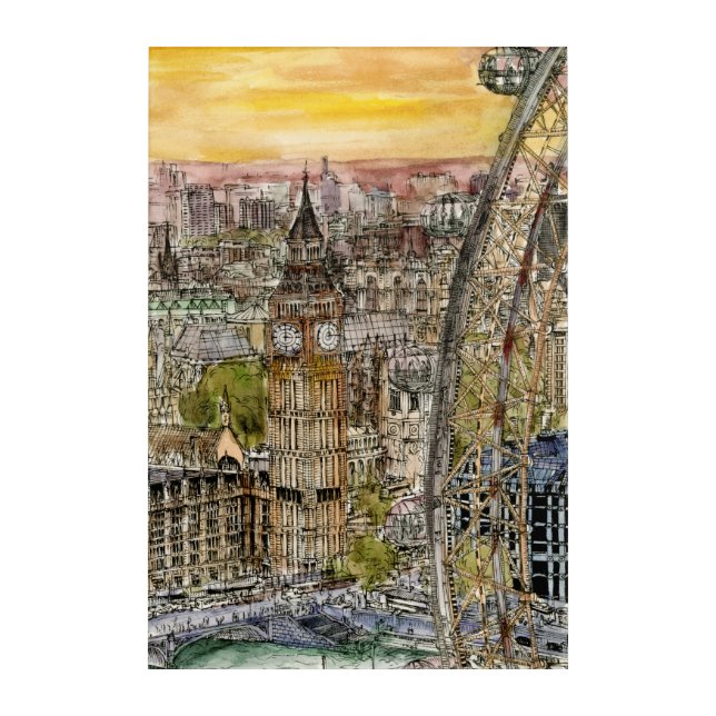 Destinations | Watercolor Big Ben & London Eye Acrylic Print (Front)
