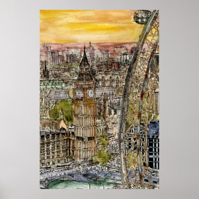 Destinations | Watercolor Big Ben & London Eye Poster (Front)