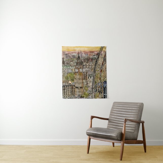 Destinations | Watercolor Big Ben & London Eye Tapestry (In Situ)