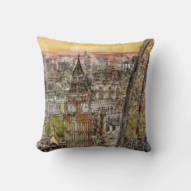 Destinations | Watercolor Big Ben & London Eye Throw Pillow (Front)