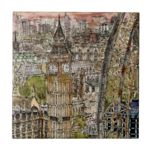 Destinations Watercolor Big Ben & London Eye Tile
