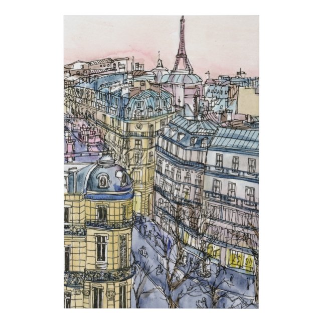 Destinations | Watercolor Eiffel Tower & Paris Faux Canvas Print (Front)