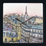Destinations | Watercolor Eiffel Tower & Paris Square Wall Clock<br><div class="desc">A picturesque watercolor and ink design created by the gifted Melissa Wang. This illustration depicts an urban landscape of the city of Paris with the iconic Eiffel Tower standing tall in the top tier of the piece overlooking the city. This cultural icon is usually depicted front and center of an...</div>