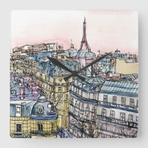 Destinations Watercolor Eiffel Tower & Paris Square Wall Clock