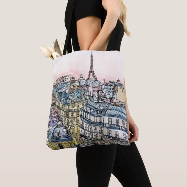 Destinations | Watercolor Eiffel Tower & Paris Tote Bag (Close Up)