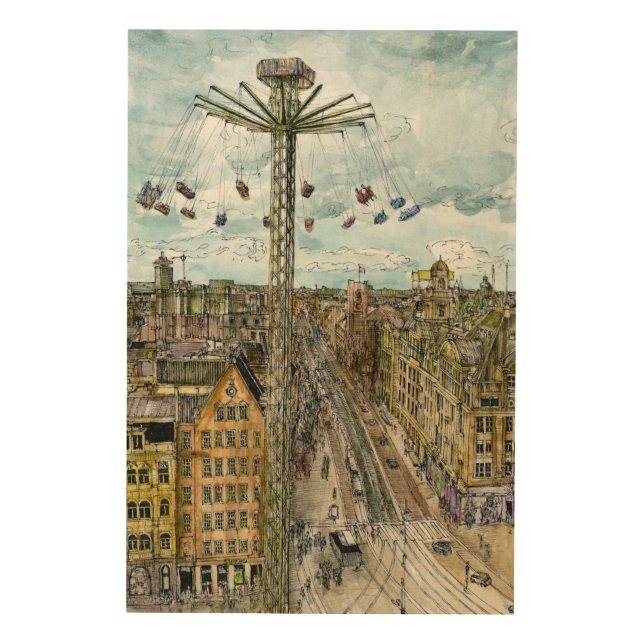Destinations | Watercolor European Swing Ride Wood Wall Art (Front)
