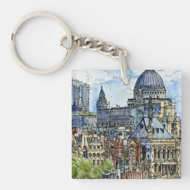 Destinations | Watercolor River Thames Waterfront Keychain (Front)