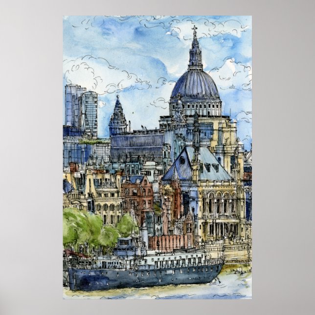 Destinations | Watercolor River Thames Waterfront Poster (Front)
