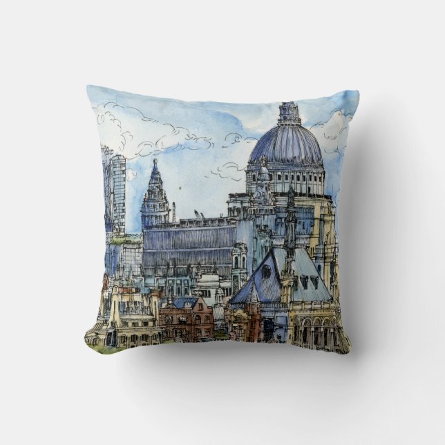 Destinations | Watercolor River Thames Waterfront Throw Pillow (Front)