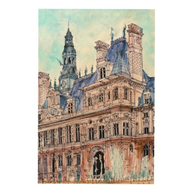 Destinations | Watercolor Rustic Hotel de Ville Wood Wall Art (Front)