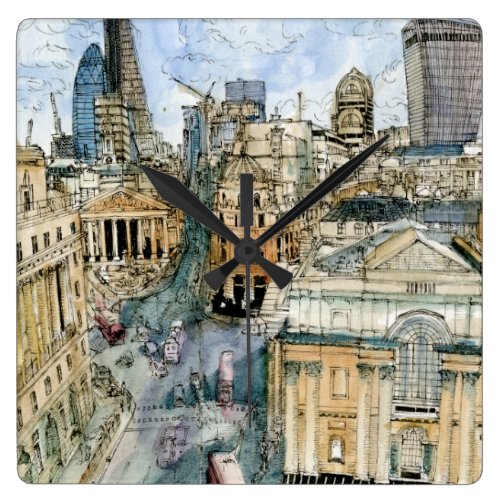 Destinations | Watercolor Vintage London Street Square Wall Clock
