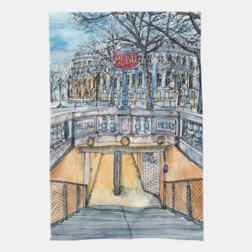 Destinations  Watercolor Vintage Metro Entrance Kitchen Towel