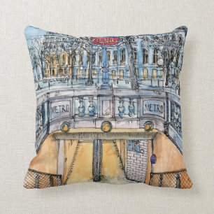 Destinations   Watercolor Vintage Metro Entrance Throw Pillow