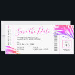 Destintation Birthday Boarding Pass Save the Date<br><div class="desc">Tropical or beach destination birthday trip save the date boarding pass in bright hot pink, coral and purple ombre palm tree leaves (fronds) on a simple, modern, and minimal and colorful boarding pass airline plane ticket save the date card. All text can be personalized, as well as the text and...</div>