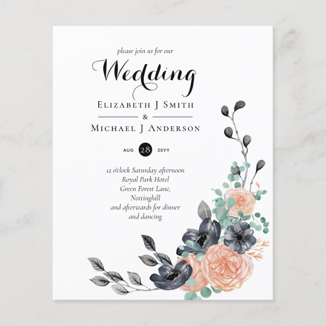 Destiny Black Coral Floral Wedding Invites Budget (Front)