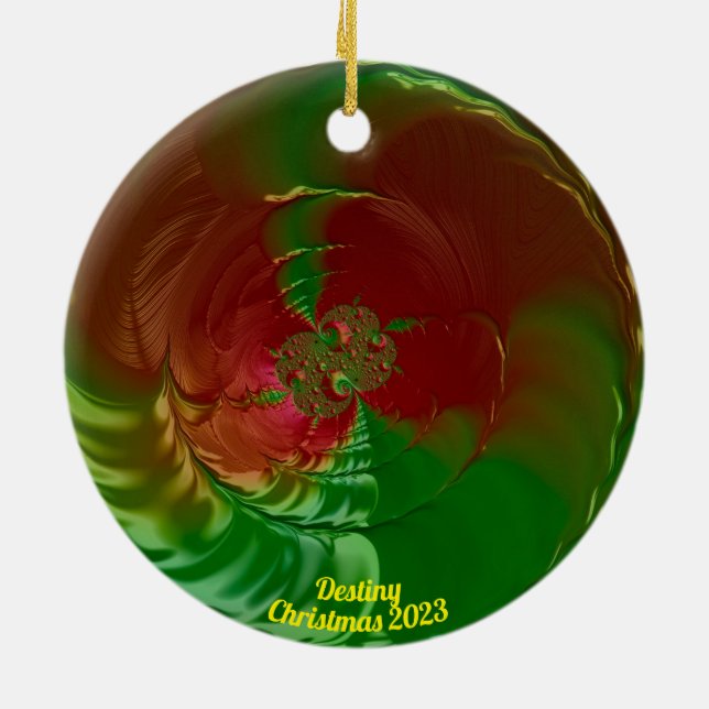 DESTINY ~ Glossy Red and Green Christmas 2023 Ceramic Ornament (Back)