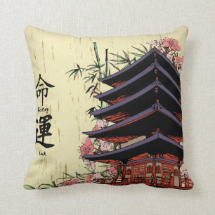 destiny luck kanji japanese pagoda cherry blossoms throw pillow
