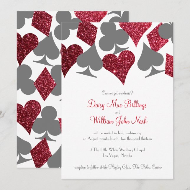 Destiny Vegas Red and Gray Faux Glitter Wedding Invitation (Front/Back)