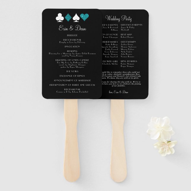 DEstiny Vegas Teal Glitter Wedding Program Fan (Front and Back)