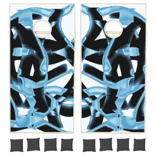 Destroyed black and blue scraps or tapes, stained cornhole set