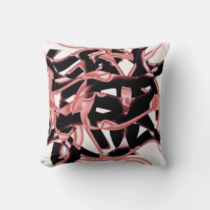 Destroyed black and salmon scraps or tape on white throw pillow