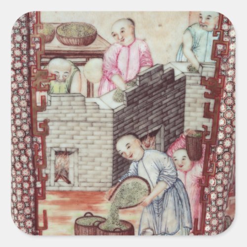 Detail from a vase depicting drying tea square sticker