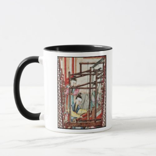 Detail from a vase depicting silk weaving mug